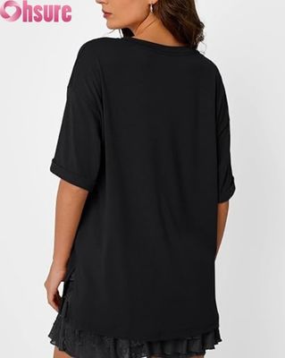 女性用 オーバーサイズ カジュアルTシャツ ローズ・フィット 短袖 トーニク 上部 サイド スリット ローフル ヘム