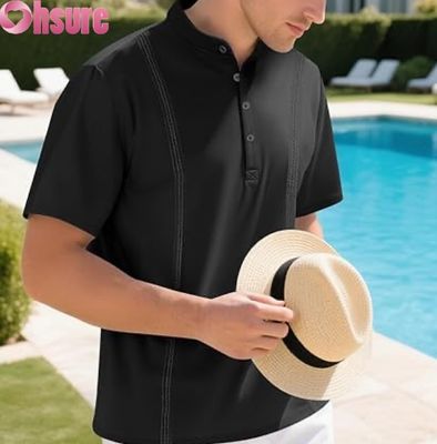 メンズカジュアルヘンリーTシャツ クラシックボタン 無地 夏用Tシャツ