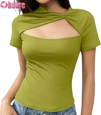 レディースサマー スリムフィット Tシャツ | カットアウト 半袖 クルーネック トップス | 2025 ファッション OEM カスタム