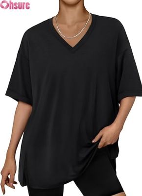 女性用 オーバーサイズ カジュアルTシャツ ローズ・フィット 短袖 トーニク 上部 サイド スリット ローフル ヘム