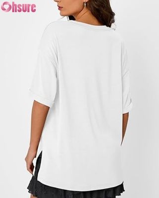 女性用 オーバーサイズ カジュアルTシャツ ローズ・フィット 短袖 トーニク 上部 サイド スリット ローフル ヘム