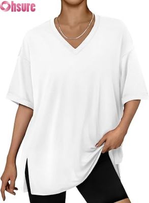女性用 オーバーサイズ カジュアルTシャツ ローズ・フィット 短袖 トーニク 上部 サイド スリット ローフル ヘム