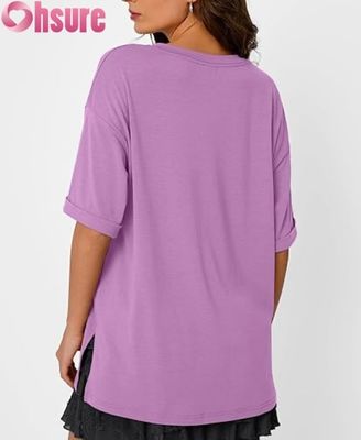 女性用 オーバーサイズ カジュアルTシャツ ローズ・フィット 短袖 トーニク 上部 サイド スリット ローフル ヘム