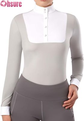 女性用 騎手用 長袖ショーシャツ パッチワークデザインのライディングトップ 騎手用服 OEM