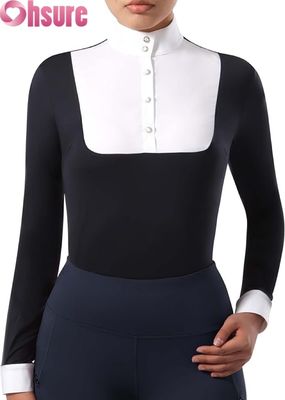 女性用 騎手用 長袖ショーシャツ パッチワークデザインのライディングトップ 騎手用服 OEM