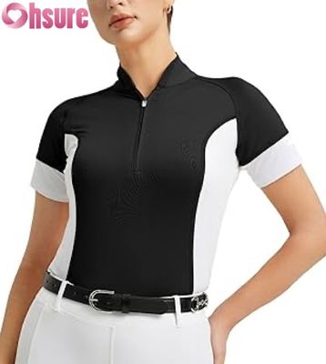 女性用卸売カスタム乗馬競技シャツ 通気性のあるライディングショートップス 半袖乗馬アパレル