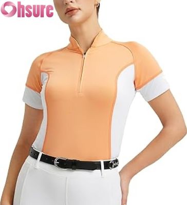 女性用卸売カスタム乗馬競技シャツ 通気性のあるライディングショートップス 半袖乗馬アパレル