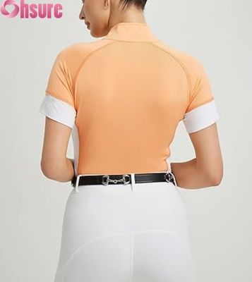 女性用卸売カスタム乗馬競技シャツ 通気性のあるライディングショートップス 半袖乗馬アパレル