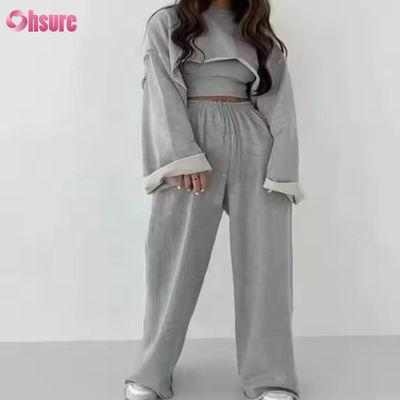 カスタマイズ ファッション スポーツ フランス テリー スウェットスーツ 女性用 3 枚組 ジョギング セット スウェットパンツ カット ヘム クロップ トップ セット