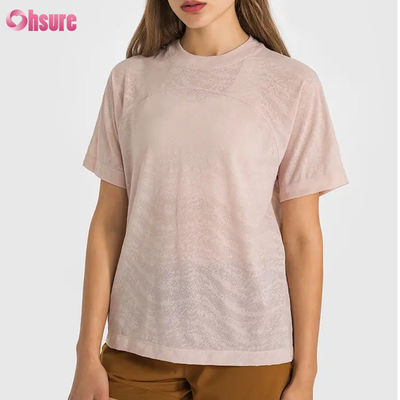 卸売カスタムロゴ速乾性通気性ジャカードスポーツTシャツ フィットネス半袖ヨガトップ レディースショート丈ジムTシャツ