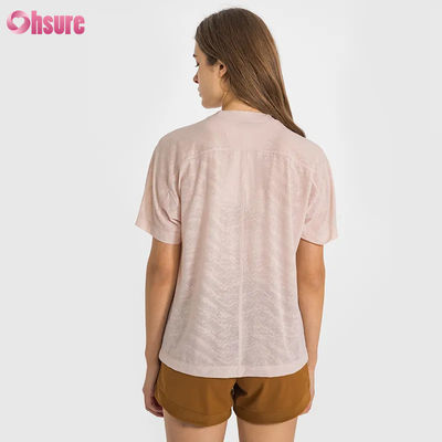 卸売カスタムロゴ速乾性通気性ジャカードスポーツTシャツ フィットネス半袖ヨガトップ レディースショート丈ジムTシャツ