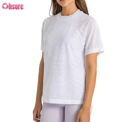 卸売カスタムロゴ速乾性通気性ジャカードスポーツTシャツ フィットネス半袖ヨガトップ レディースショート丈ジムTシャツ