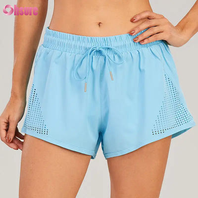 女性用スポーツトレーニングショートパンツ 激光切断 呼吸 ウォーミングアップ ザッパー サイドポケット 固体パターン