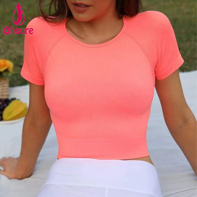 トップセラー 90% ナイロン、10% エラスタン 吸汗性 無地リブニット スポーツTシャツ 女性用フィットネス ジムトレーニング Tシャツ