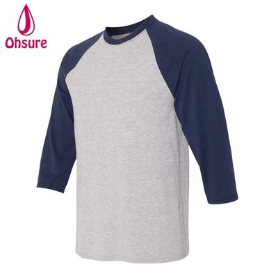 三四半袖 フィットネスシャツ コットン トップス カジュアル ティース オールネック 男性Tシャツ 2色パッチワーク スポーツTシャツ