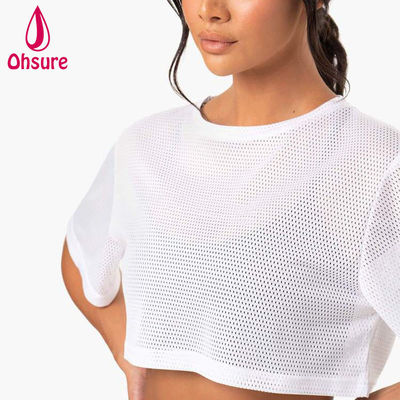 カスタムロゴ Tシャツ カジュアル スパンデックス メッシュ 布 クルー ネック 女性服 レディース ジム ウォームアップ 女性シャツ