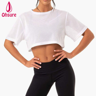 カスタムロゴ Tシャツ カジュアル スパンデックス メッシュ 布 クルー ネック 女性服 レディース ジム ウォームアップ 女性シャツ