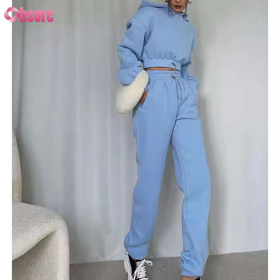 OEM 高品質の毛糸綿 スウェットパンツとフーディセット 屋外 カットフーディ トップ2点セット 女性服