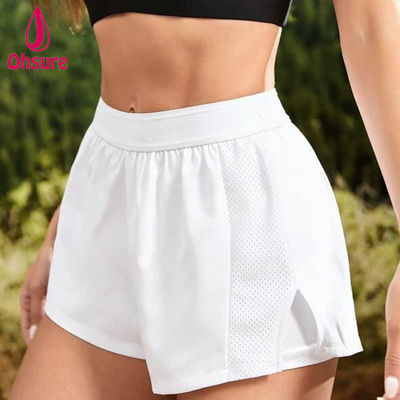 女性ジムヨガスポーツショーツ 卸売 カスタムロゴ 93%ポリエステル、7%スパンデックス ハイウエスト 伸縮性ウエスト 2 in 1 カジュアル織 XS-XXL