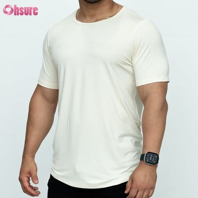 カーブド・ヘムTシャツ 白色 95% バンブー 5% スパンデックス プリント 男性Tシャツ