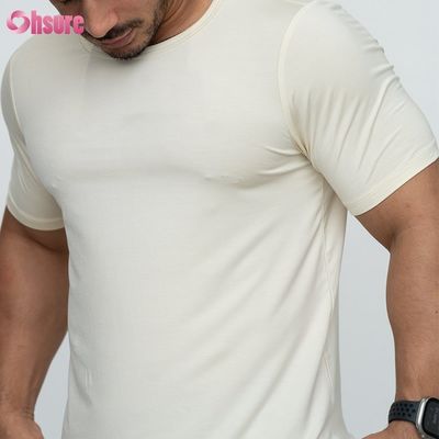 カーブド・ヘムTシャツ 白色 95% バンブー 5% スパンデックス プリント 男性Tシャツ