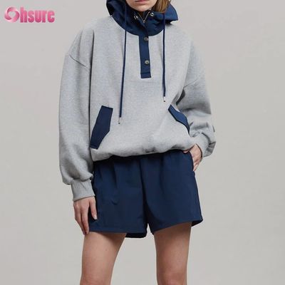 ファッションデザイン 快適な綿 サイズ超大 スタイルの ボタン カラーコントラスト 女性用 ポケットフーディ