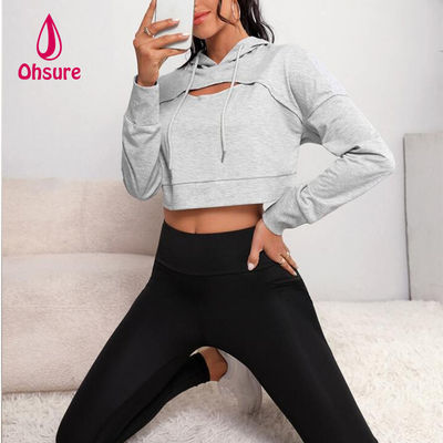 Ohsure Fitness レディース ルーズカジュアル 秋 スウェットスーツ ヨガ ベーシック ドロップショルダー ドローストリング クロップ スポーツ フーディー